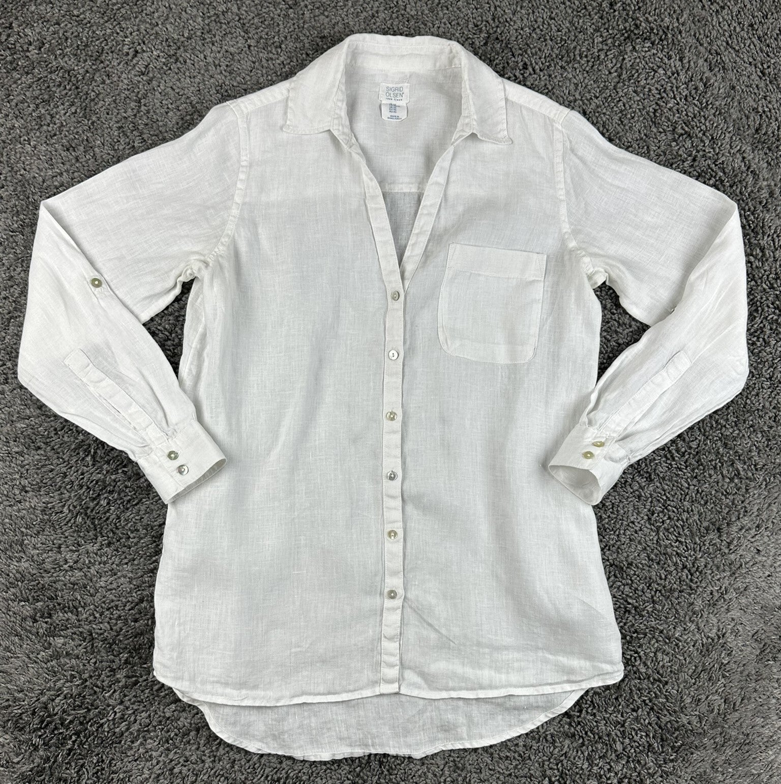 Sigrid Olsen 100% Linen Long Sleeve Shirt Womens White Button Down Roll Tab XS