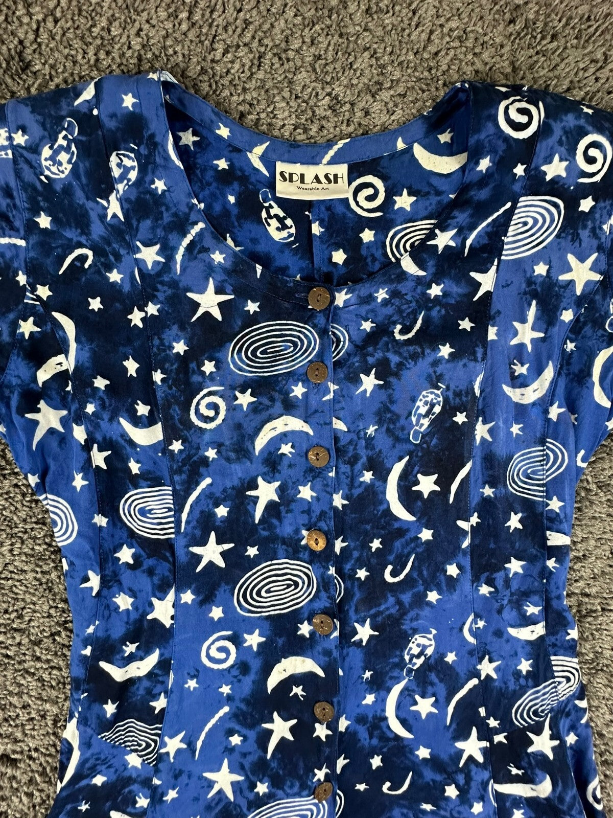 Vintage Splash Wearable Art Blue Rayon Celestial Moon Stars Midi Medium Dress