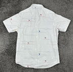 TravisMathew Men's American Flag Palm Tree Print Button-Down Shirt Large