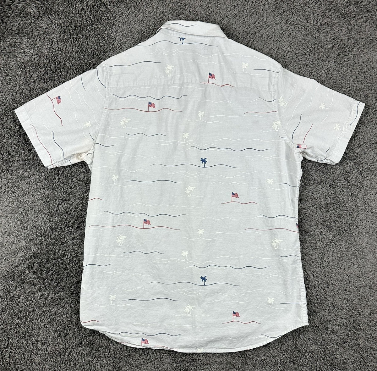 TravisMathew Men's American Flag Palm Tree Print Button-Down Shirt Large