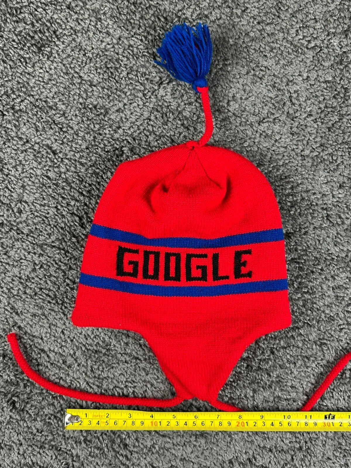 Vintage Google Employee Swag Knit Earflap Beanie Hat Red Blue Tech Merch OS
