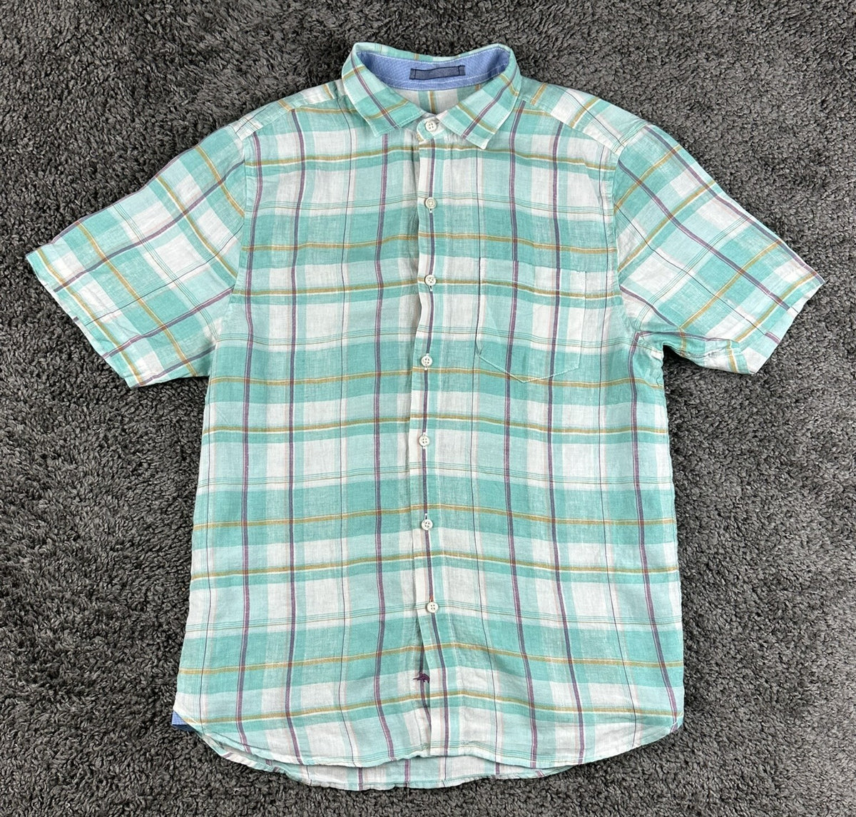 Tommy Bahama Mens S 100% Linen Short Sleeve Button Up Shirt Plaid Mint Green