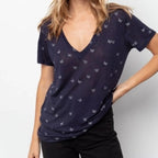 Rails Women's Size S Blue White Butterfly Print Linen Tencel V-Neck Tee Top