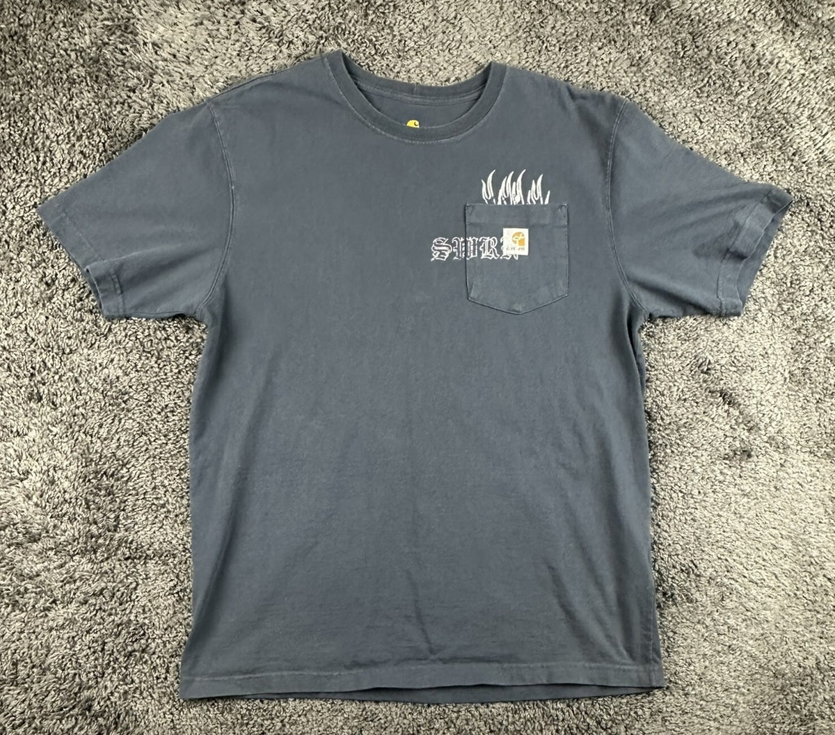 Carhartt x Sworn To Us Pocket T-Shirt Mens M Blue Graphic Flames Old English K87