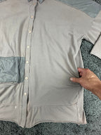 Luukaa Lagenlook Womens Button Tunic Shirt Taupe Gray Size 8 Mixed Media Pockets