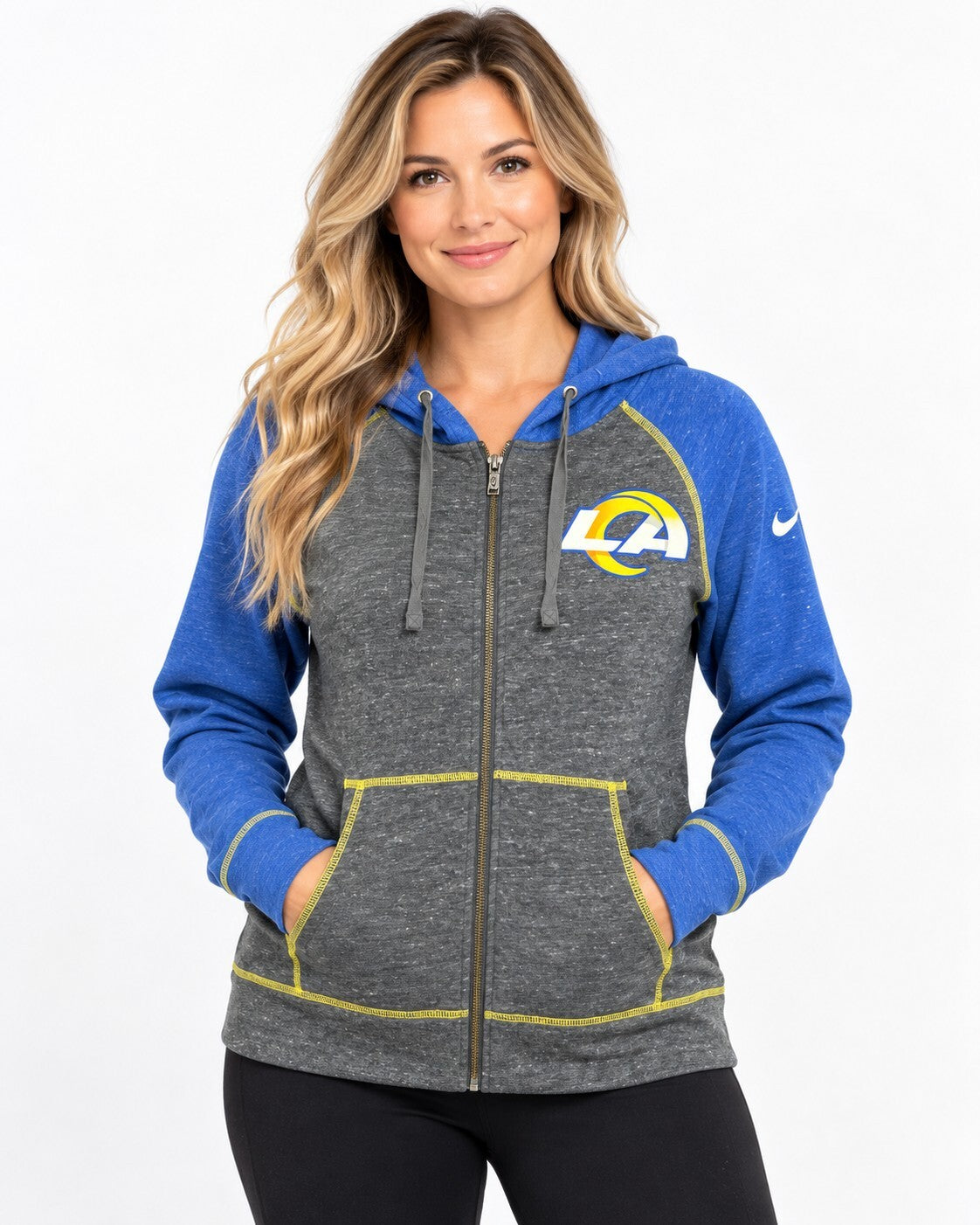 Nike NFL LA Rams Womens L Raglan Full Zip Hoodie Grey Blue Contrast Stitch