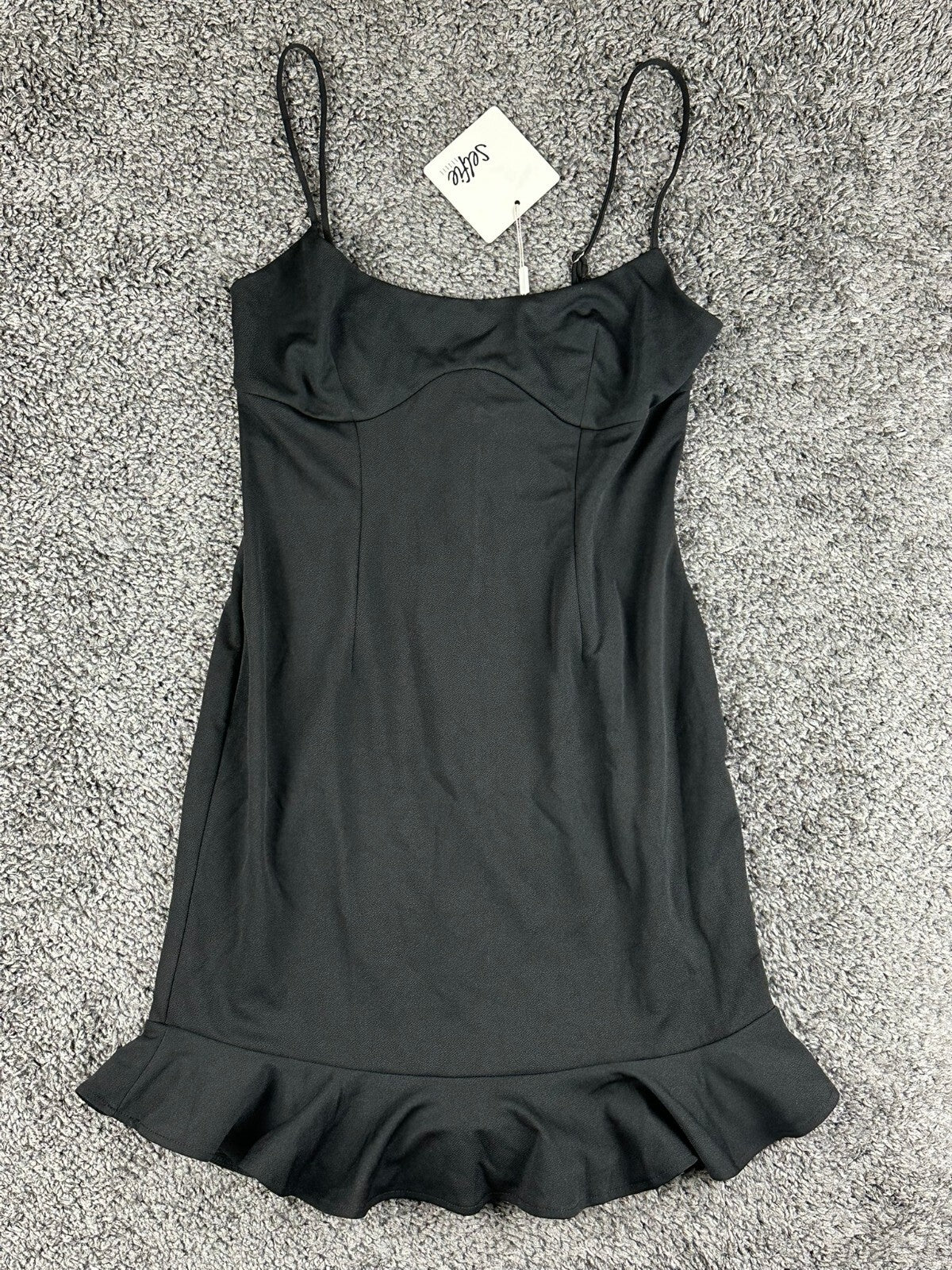 Selfie Leslie Womens US L Black Ruffle Hem Mini Dress Adjustable Straps NWT