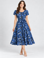 Vintage Splash Wearable Art Blue Rayon Celestial Moon Stars Midi Medium Dress