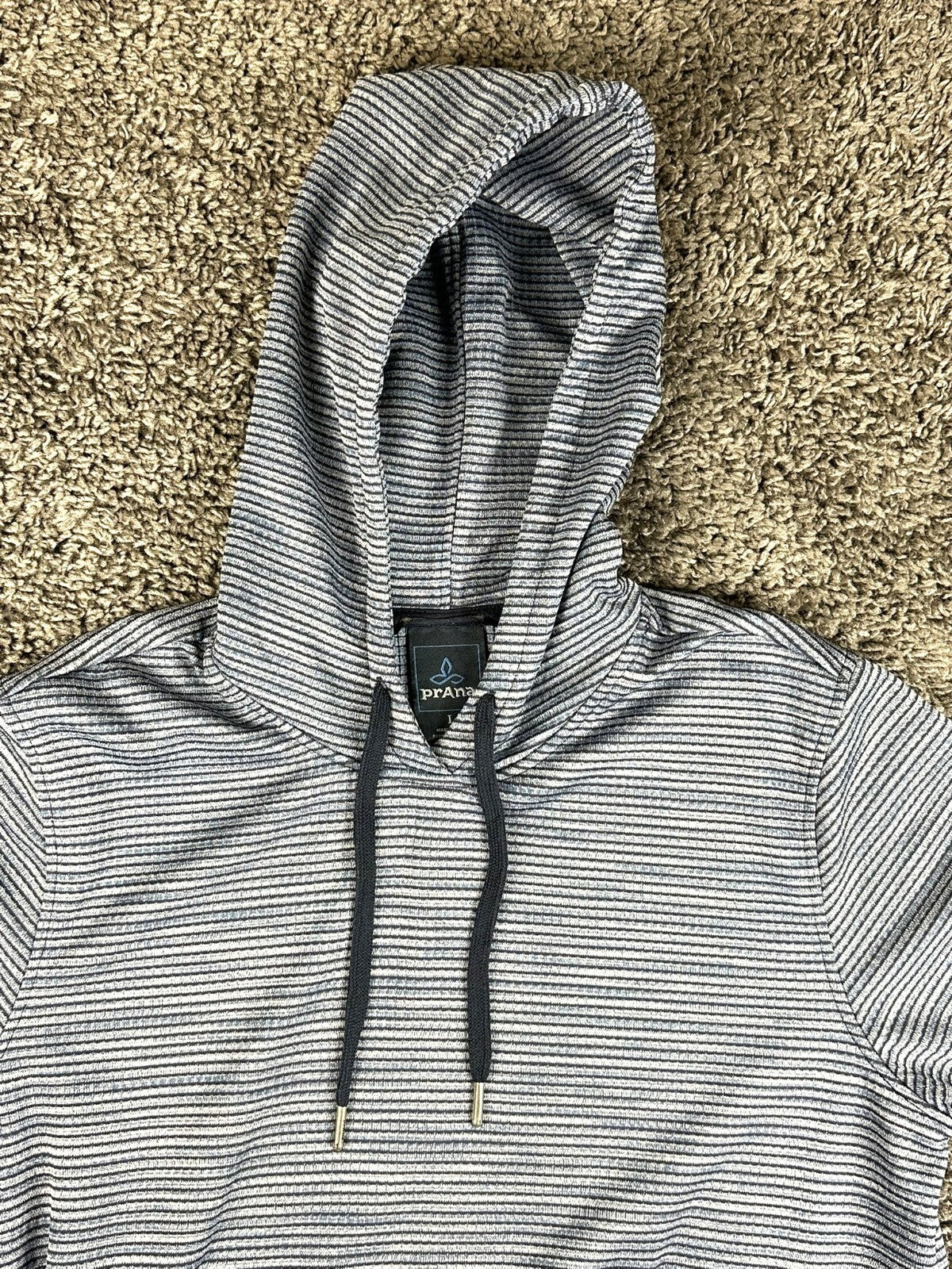 Prana Mens L Blue Striped Gatten Hoodie Waffle Thermal Long Sleeve Shirt
