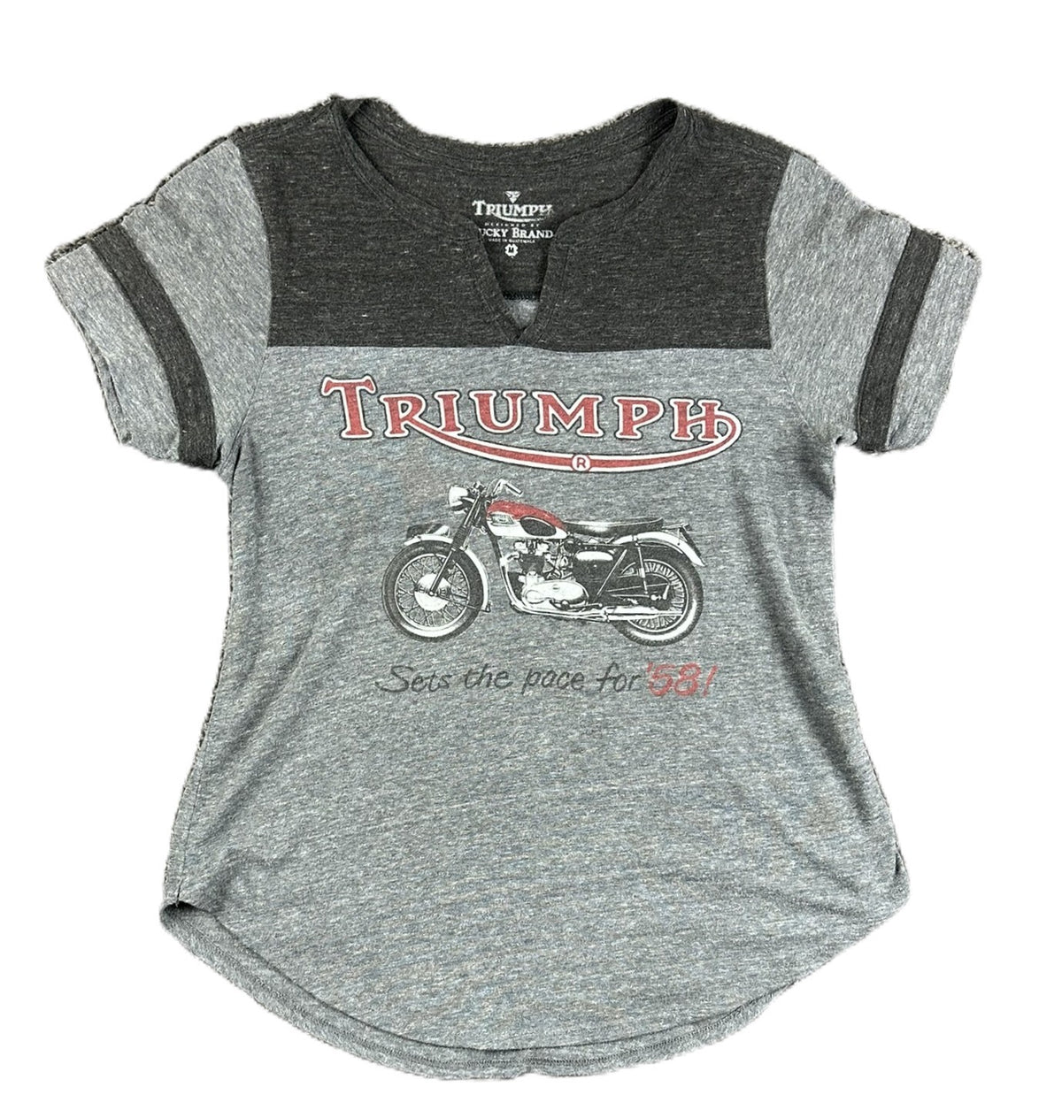 Lucky Brand Triumph Motorcycle Tee Shirt Womens M Gray Graphic Colorblock Biker