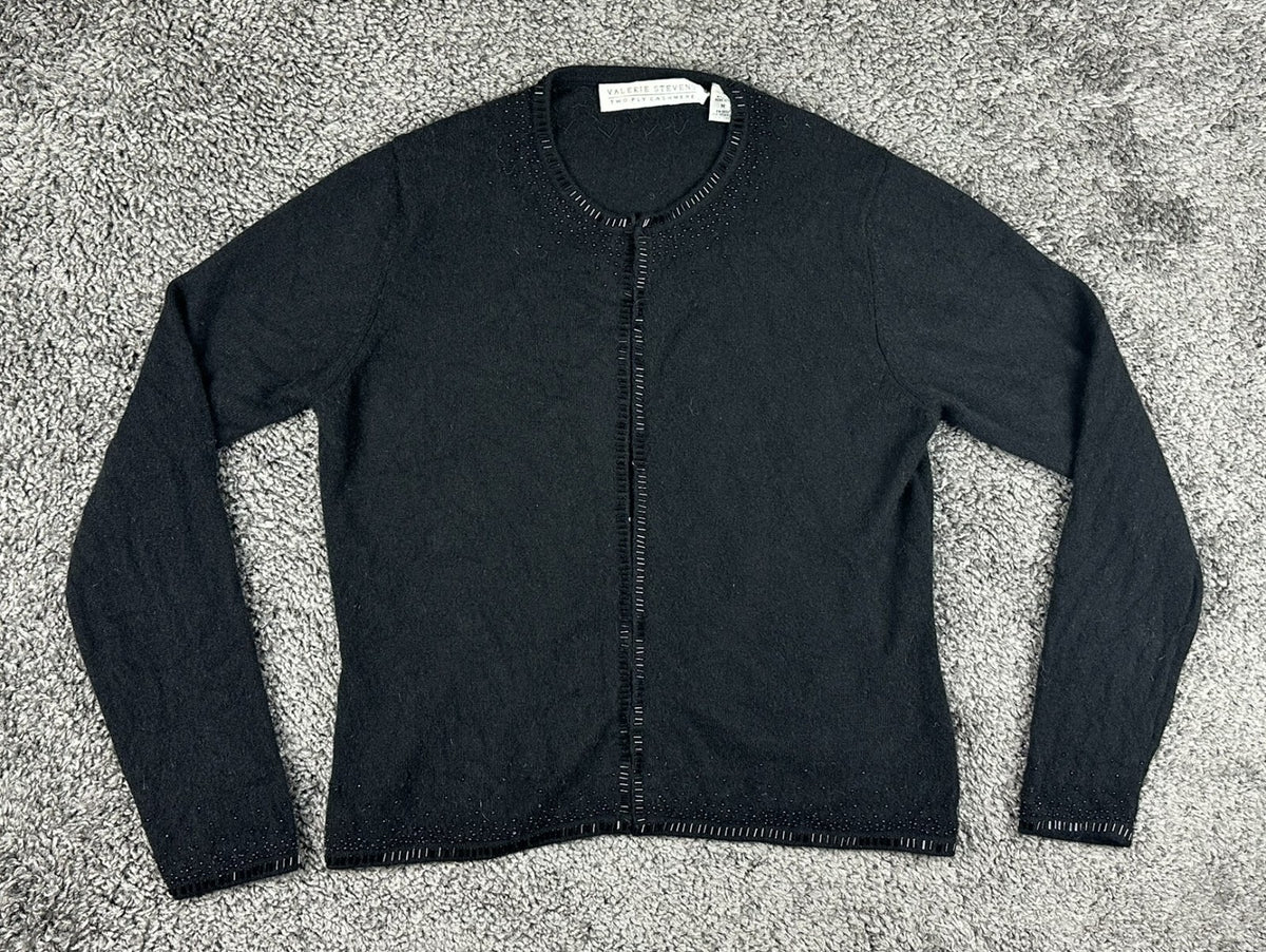 Vintage Valerie Stevens Womens M Black 100% Cashmere Beaded Cardigan Flaw