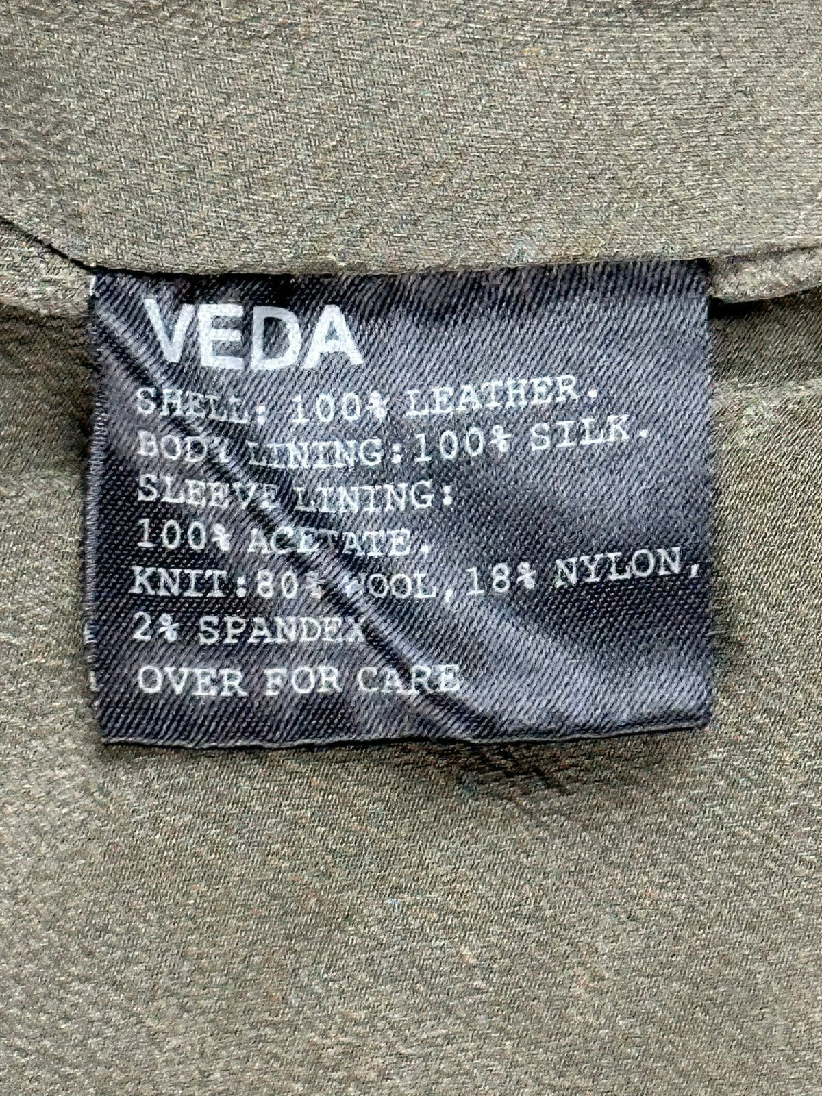 VEDA Leather Jacket Women Olive Green Asymmetrical Moto Wool Knit Silk Sz M
