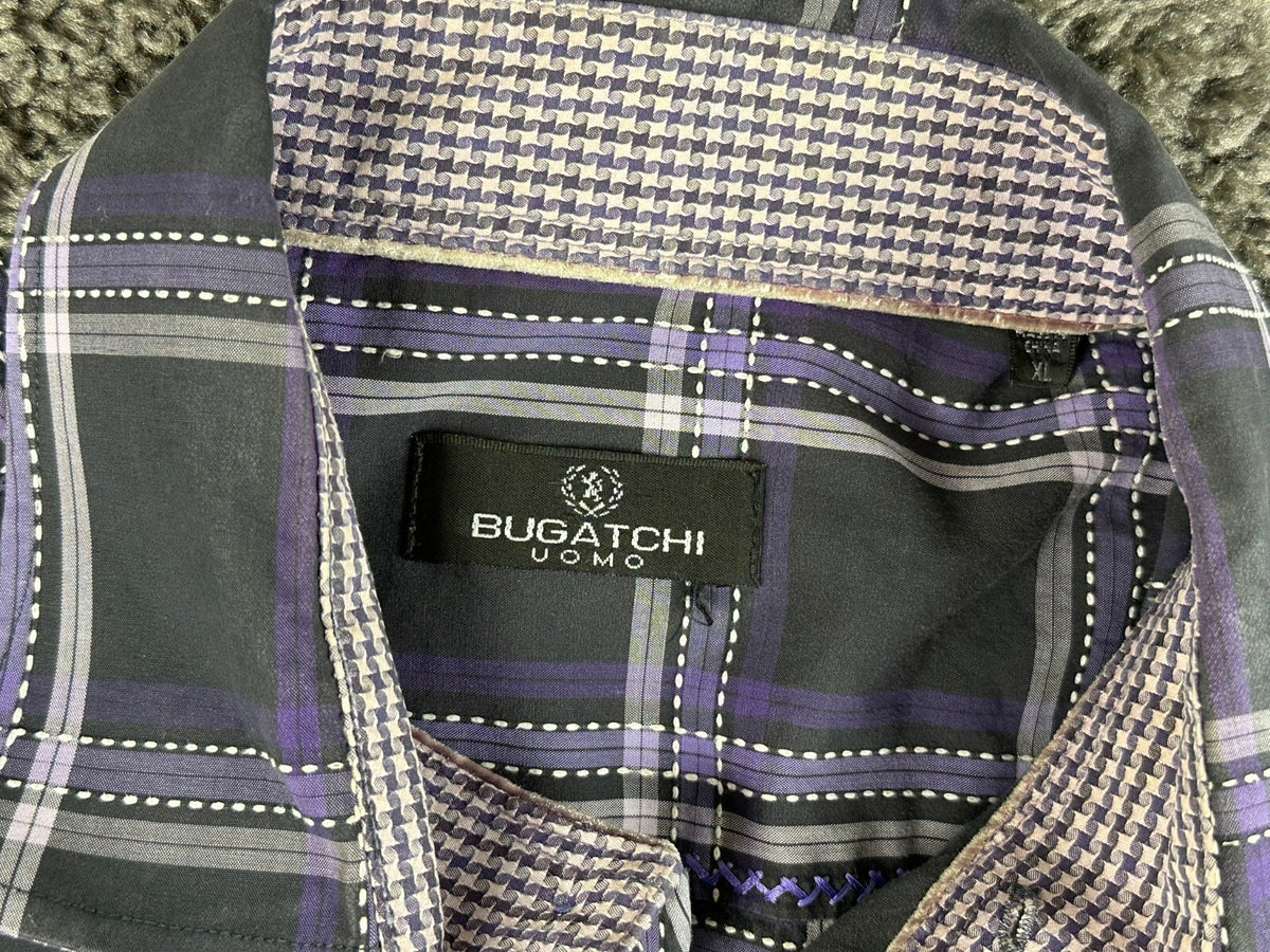 Bugatchi Uomo Mens XL Black Purple Plaid Long Sleeve Button Up Shirt Casual Top