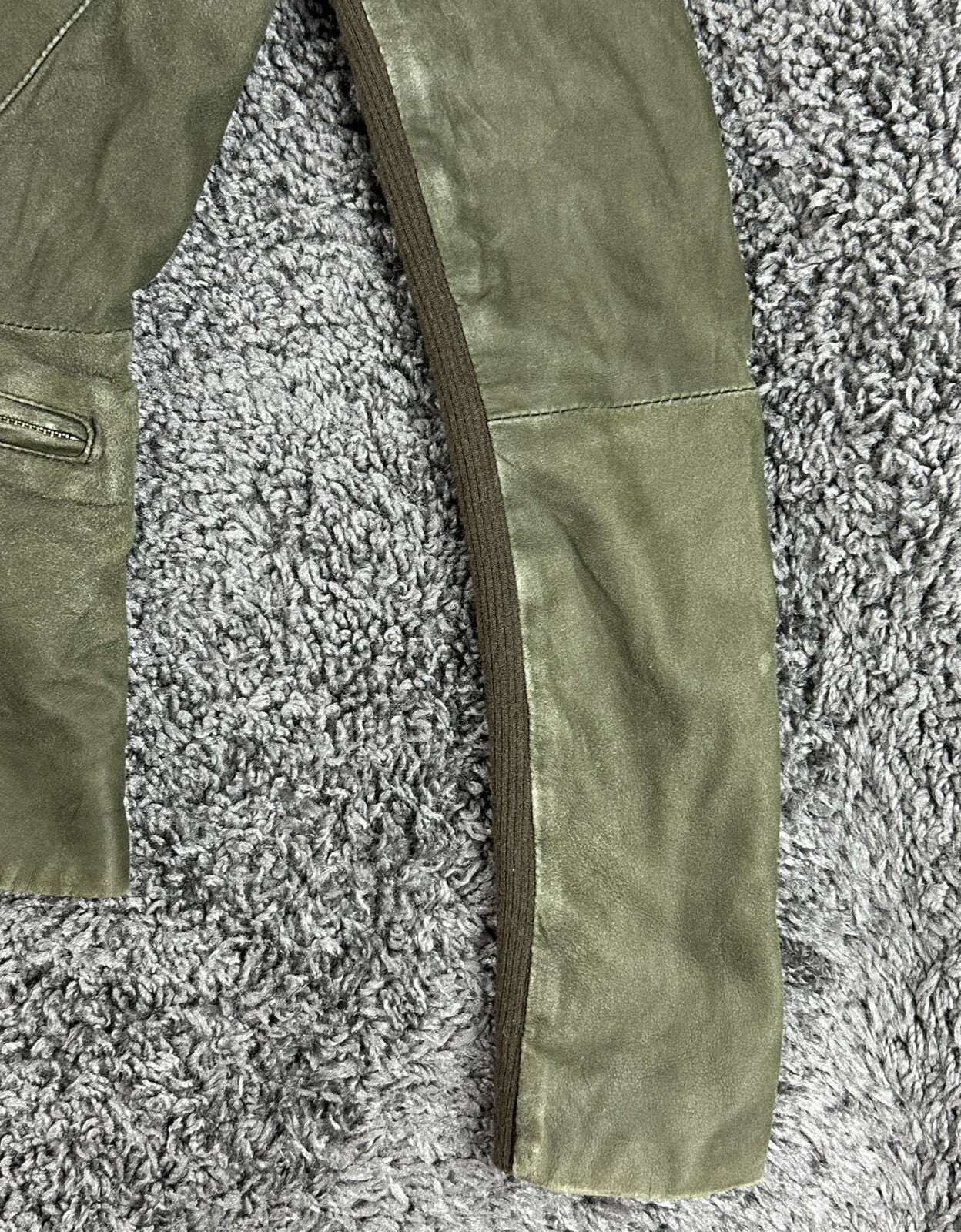 VEDA Leather Jacket Women Olive Green Asymmetrical Moto Wool Knit Silk Sz M