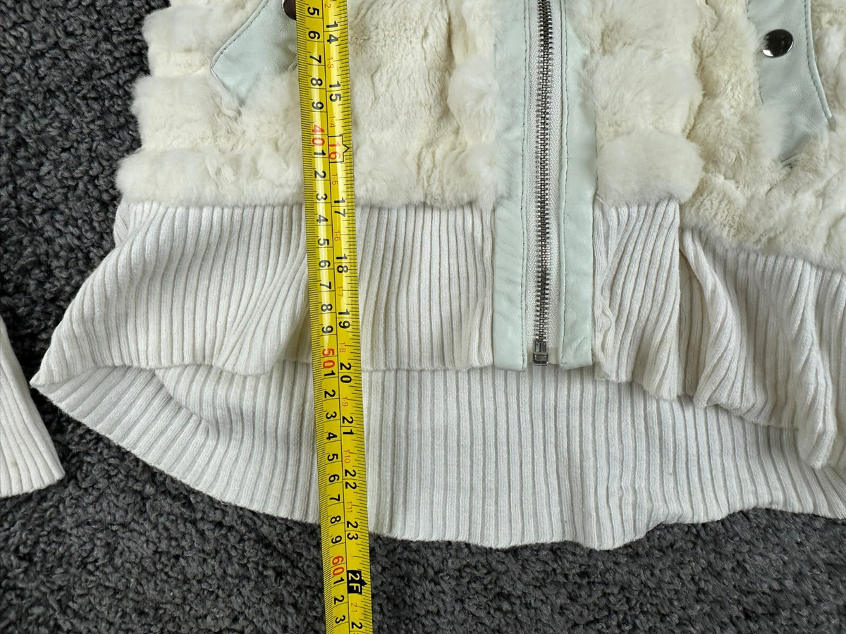Dolce Cabo Womens Large White Rabbit Fur Blend Ribbed Knit Zip Sweater Jacket