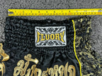 FLUORY Mens XS Black Muay Thai Shorts Gold Brocade Dragon Thai Script Boxing