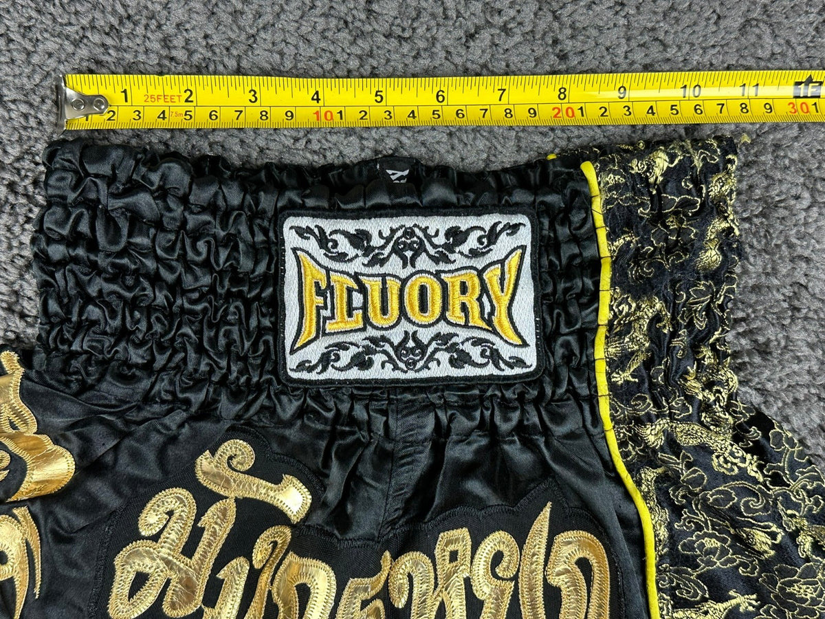 FLUORY Mens XS Black Muay Thai Shorts Gold Brocade Dragon Thai Script Boxing