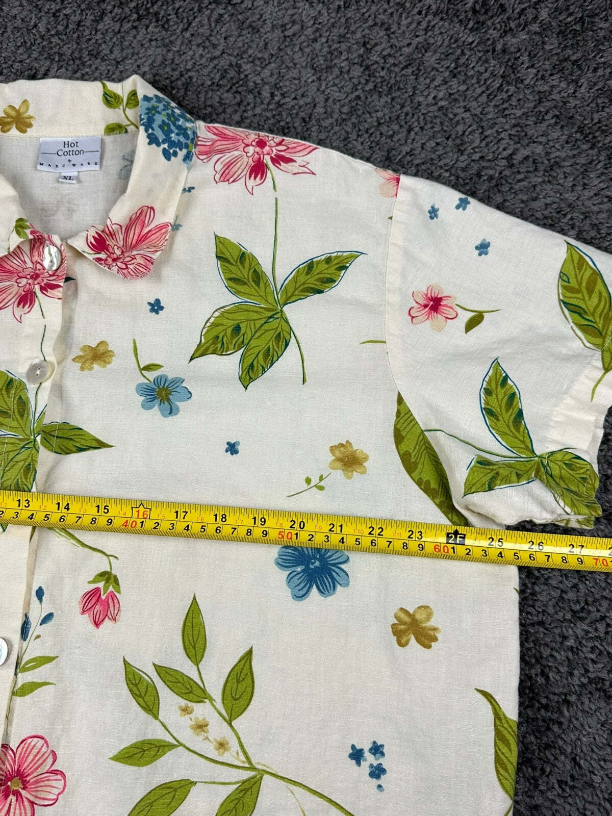 Hot Cotton by Marc Ware Women's 100% Linen Floral Short Sleeve Shirt XL