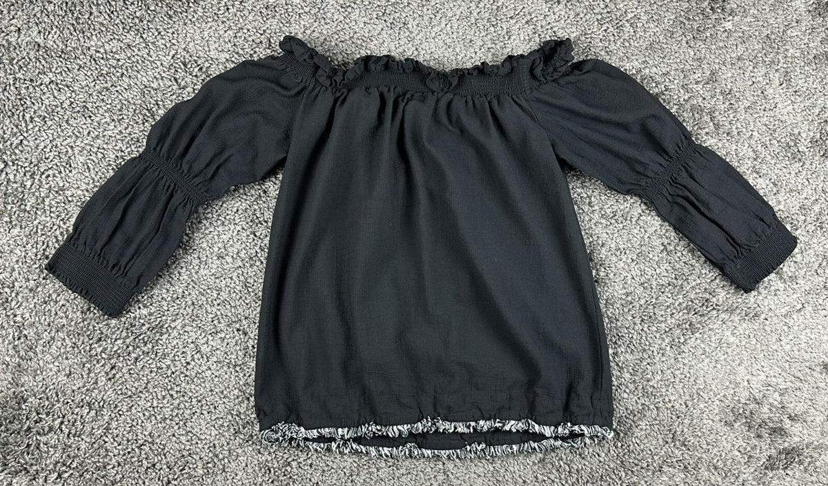 Trina Turk Womens XS Black Off-The-Shoulder Smocked Top Fringe Hem