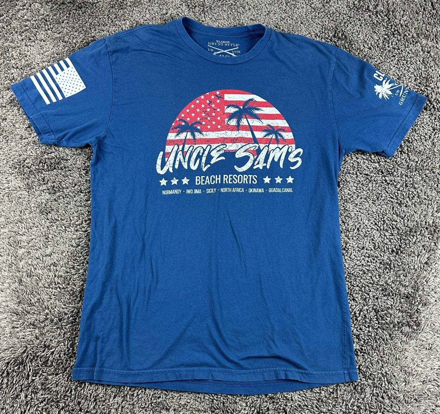 Grunt Style Uncle Sam's Beach Resorts T-Shirt Men Blue Patriotic Flag Tee Sz XL