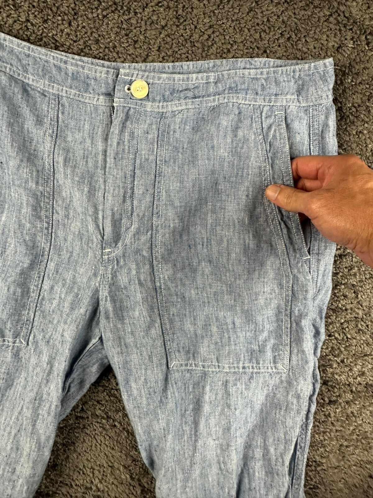 Lauren Ralph Lauren Womens 12 Blue Chambray Linen Wide Leg Crop Pants Pockets
