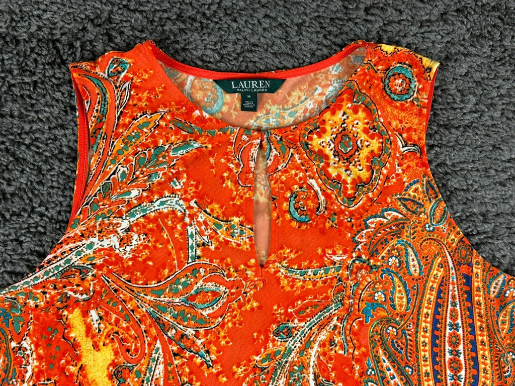 Lauren Ralph Lauren Womens M Orange Paisley Keyhole Sleeveless Top Blouse