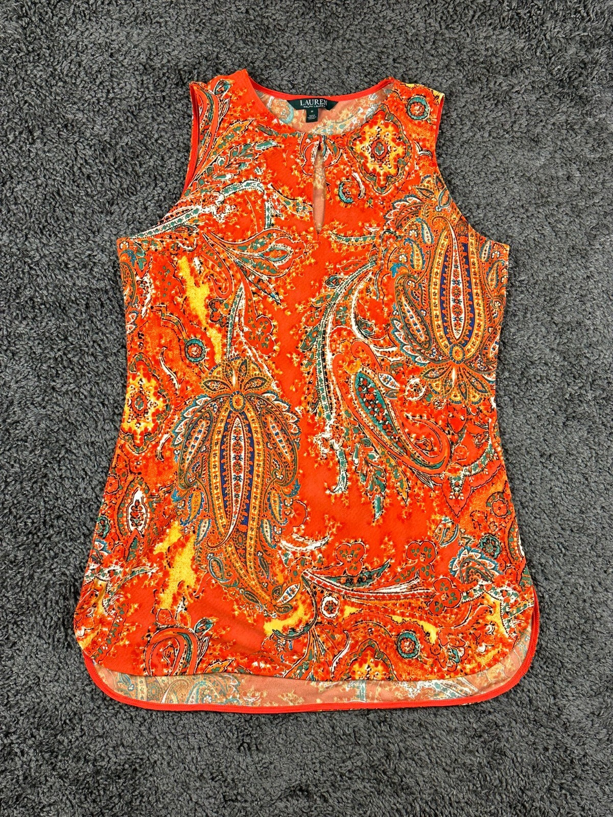 Lauren Ralph Lauren Womens M Orange Paisley Keyhole Sleeveless Top Blouse