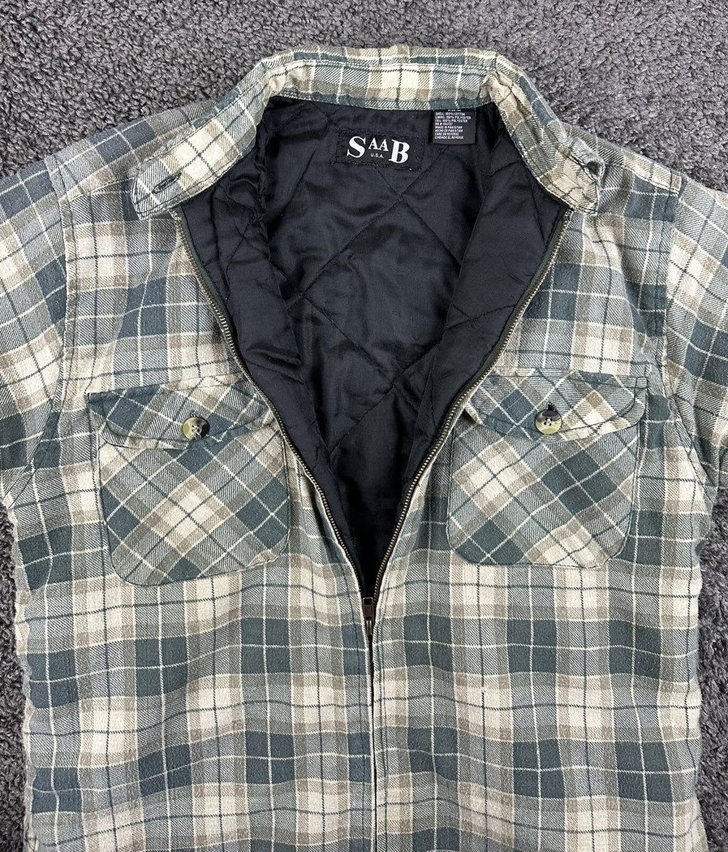 Vintage 90’s SAAB USA Mens M Green Plaid Quilted Lined Flannel Shirt Jacket Zip