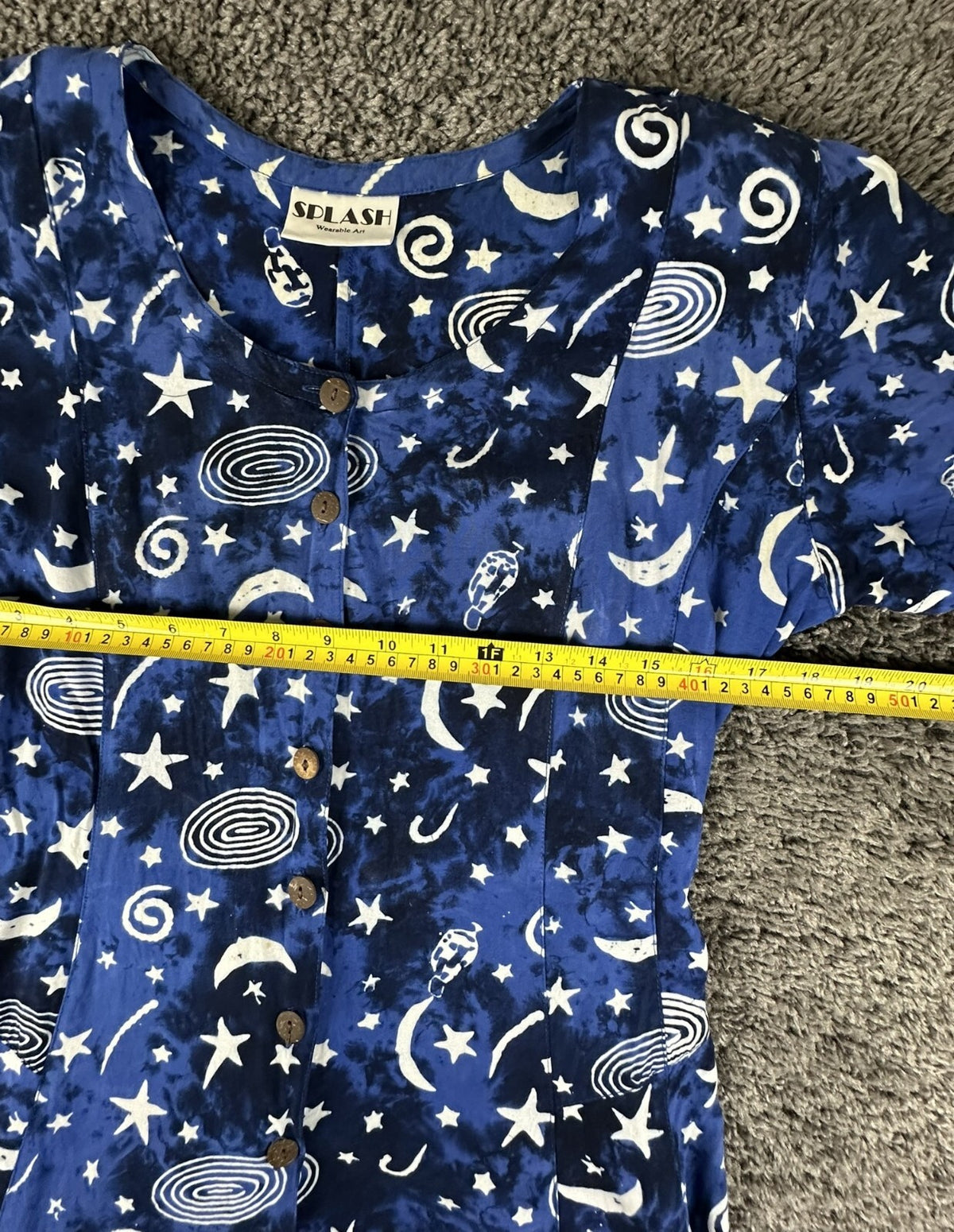 Vintage Splash Wearable Art Blue Rayon Celestial Moon Stars Midi Medium Dress