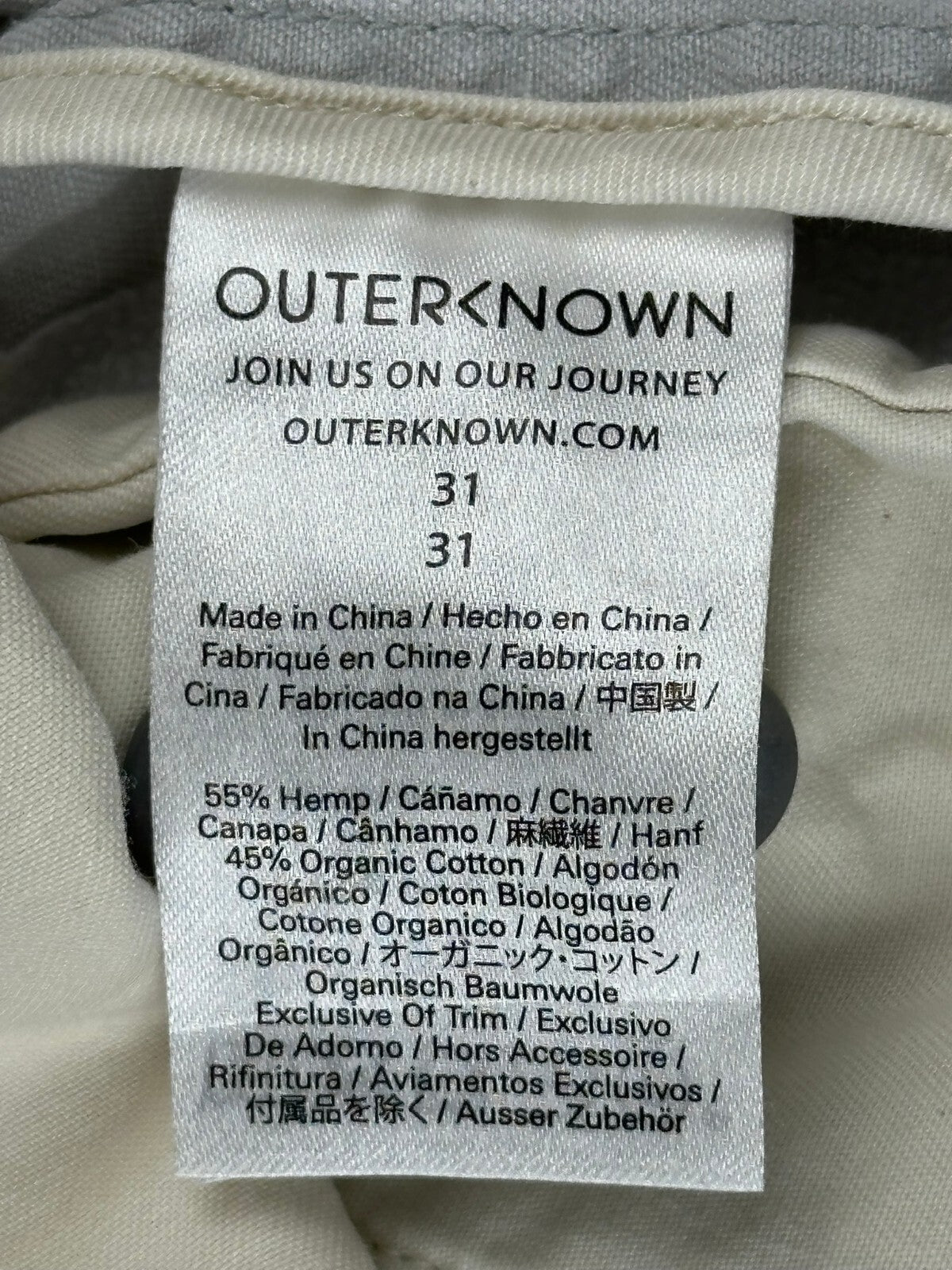 Outerknown Mens Beach Trouser Pants Gray Hemp Cotton Button Fly Sz 31