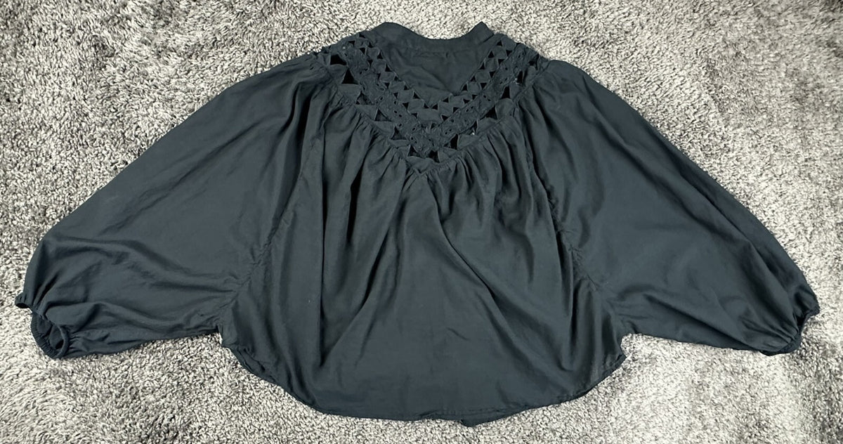 MOTHER The V Yoke Shirt Black Eyelet Cutout Yoke Balloon Sleeve Button Blouse M