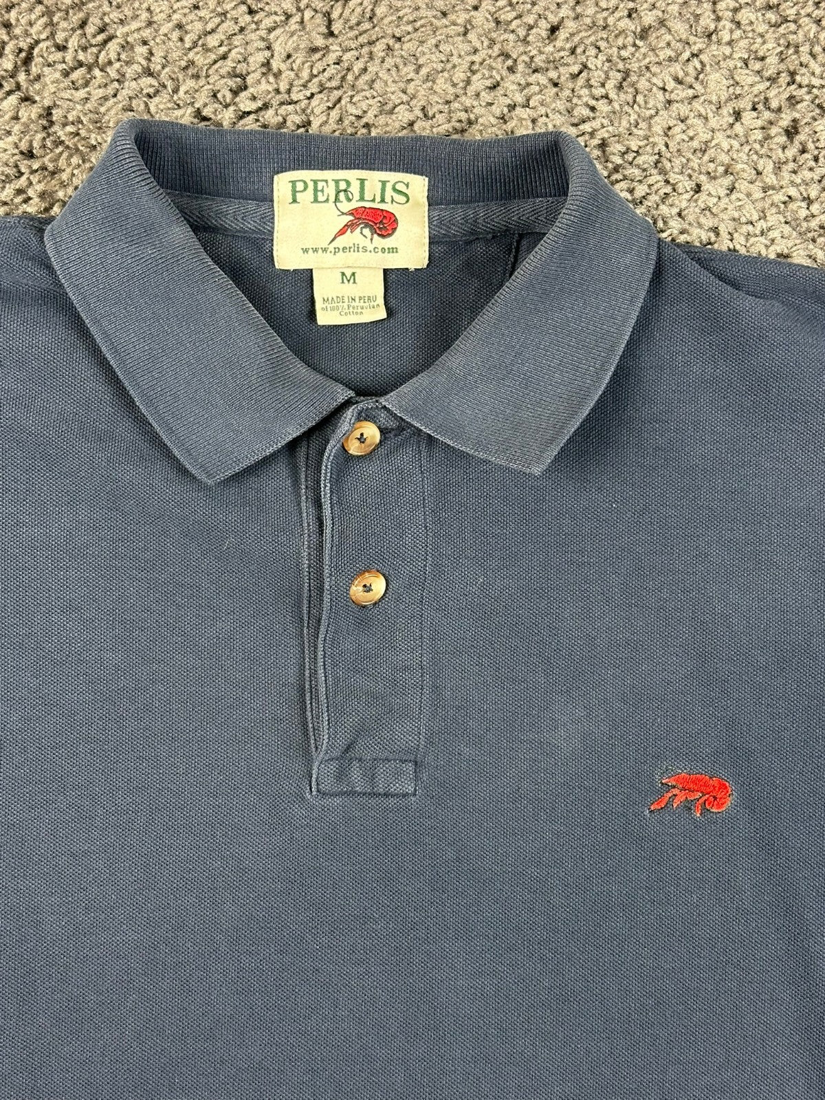 Perlis New Orleans Crawfish Polo Shirt Mens Navy Blue Peruvian Pima Cotton Sz M