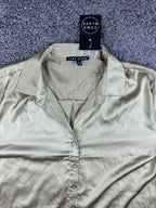 Como Black Blouse Womens Large Champagne Silk-Like Satin Button Up Shirt NWT