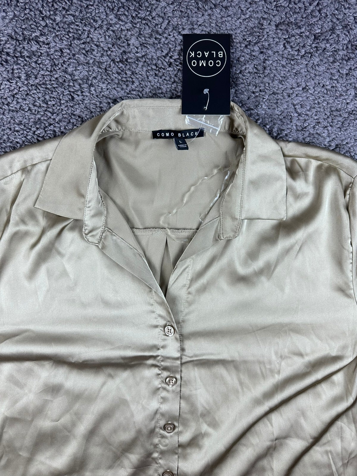 Como Black Blouse Womens Large Champagne Silk-Like Satin Button Up Shirt NWT