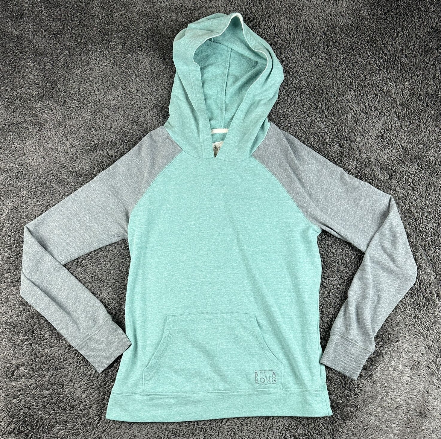 Billabong Womens Hoodie Teal Gray Colorblock Raglan Pullover Sweatshirt Sz Small