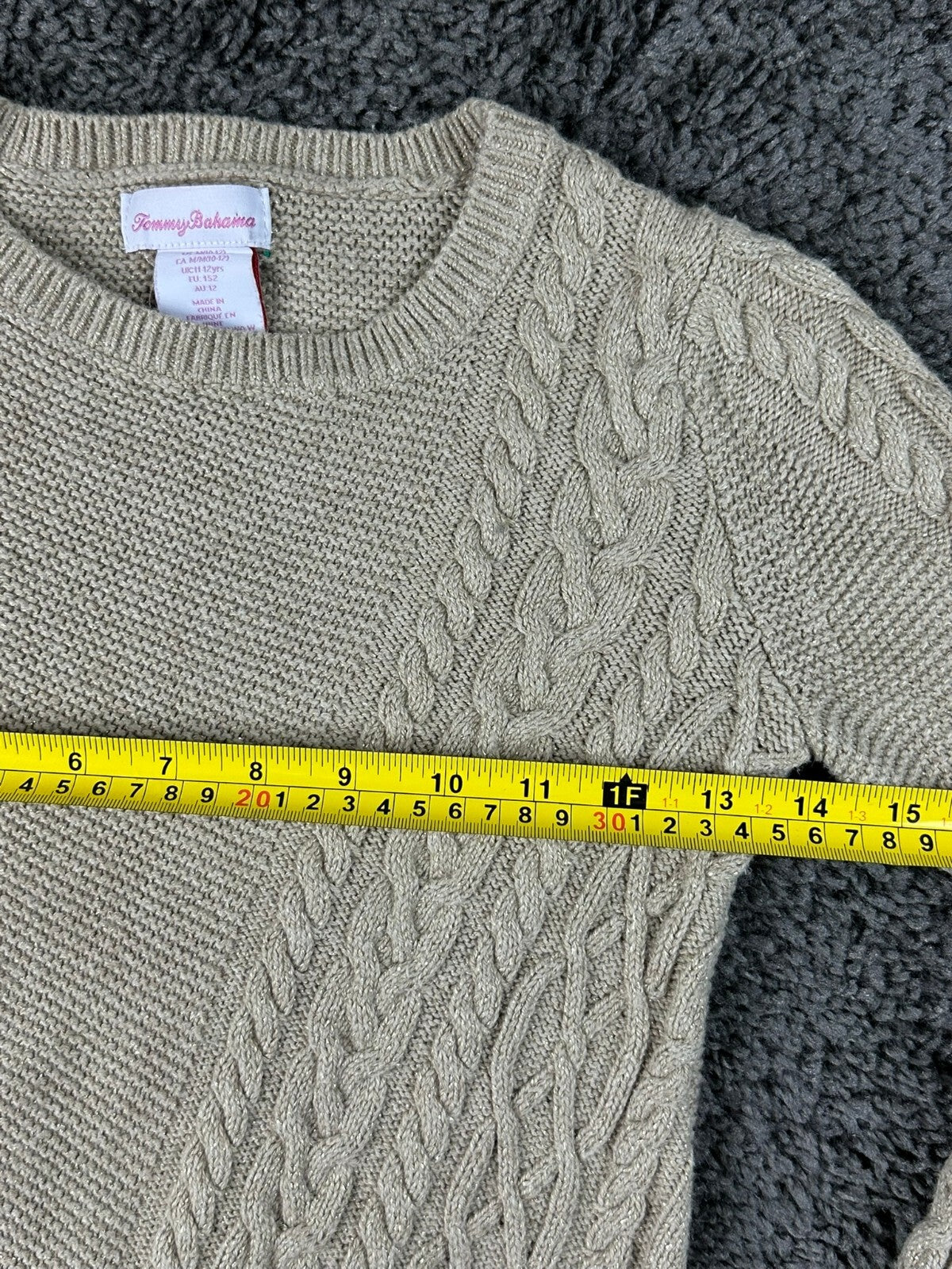 Tommy Bahama Girls M 10-12 Beige Cable Knit Sweater Pom Beanie 2 Piece Set