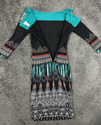 Cache Dress Womens XS Sheath Teal Black Geometric Print Long Sleeve Midi Dress