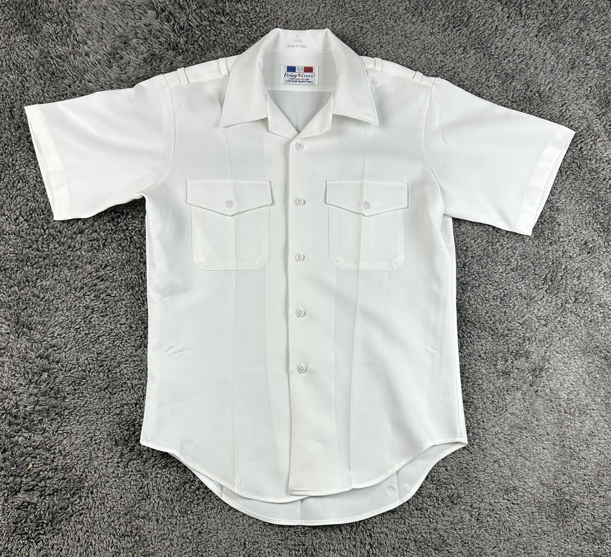 US Navy White M/L Mens Short Sleeve Uniform Shirt Flying Cross Made in USA