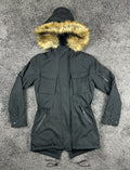 S13 Womens Black Parka Jacket Faux Fur Hood Utility Cargo Coat Winter Small