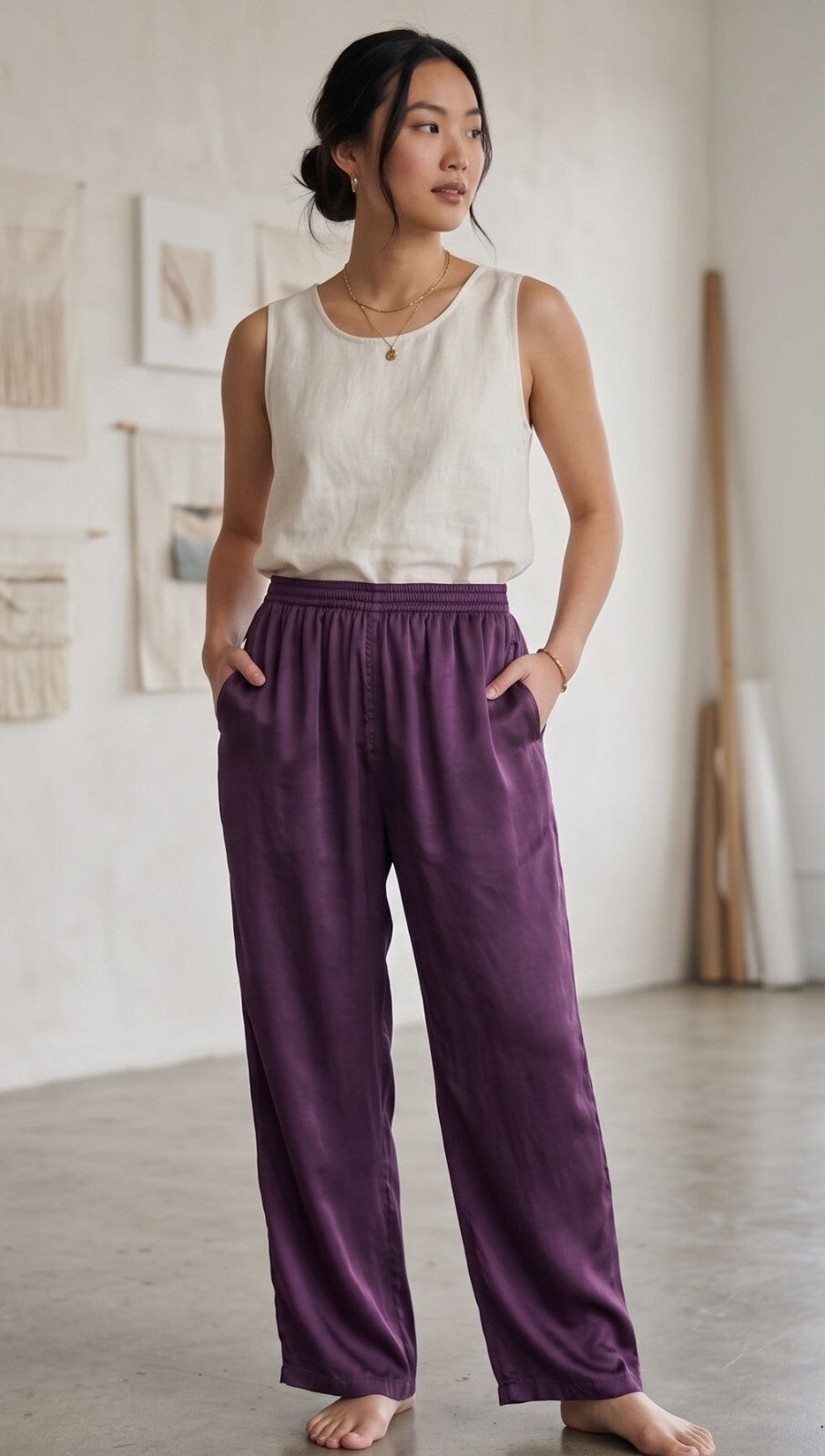 Citron Santa Monica Womens Silk Pants Small Purple Elastic Waist Trousers