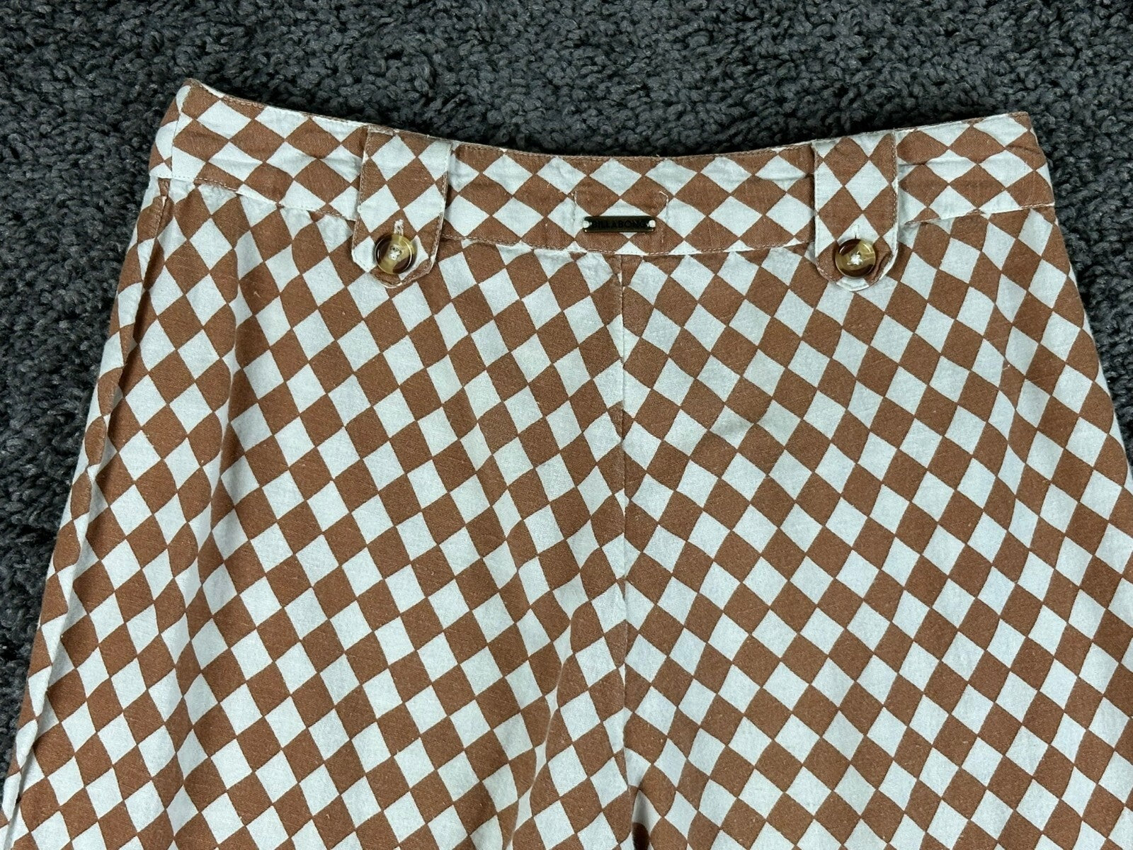 Billabong Womens Brown Checkerboard Diamond High Rise Linen Blend Pants Sz 25