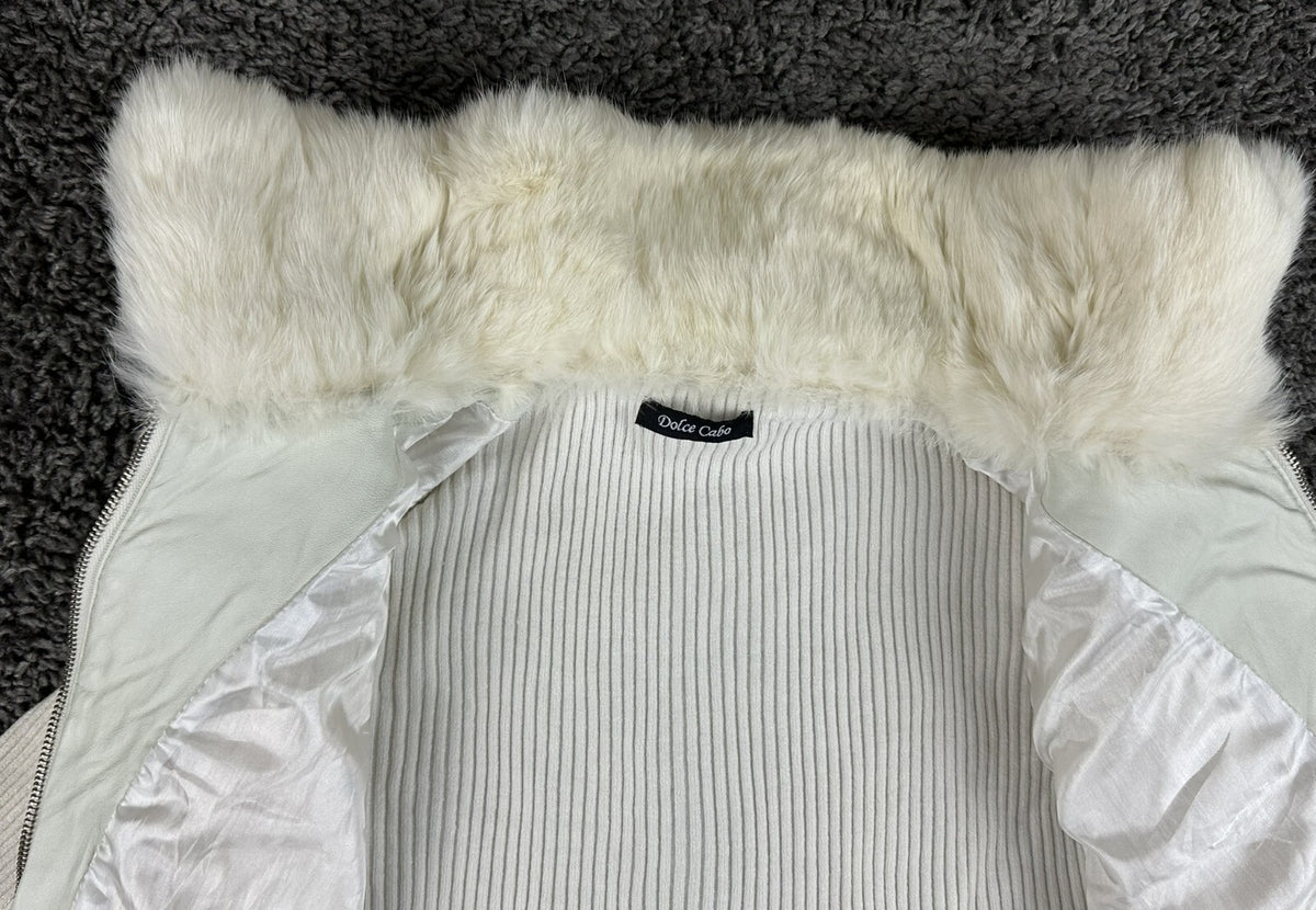 Dolce Cabo Womens Large White Rabbit Fur Blend Ribbed Knit Zip Sweater Jacket
