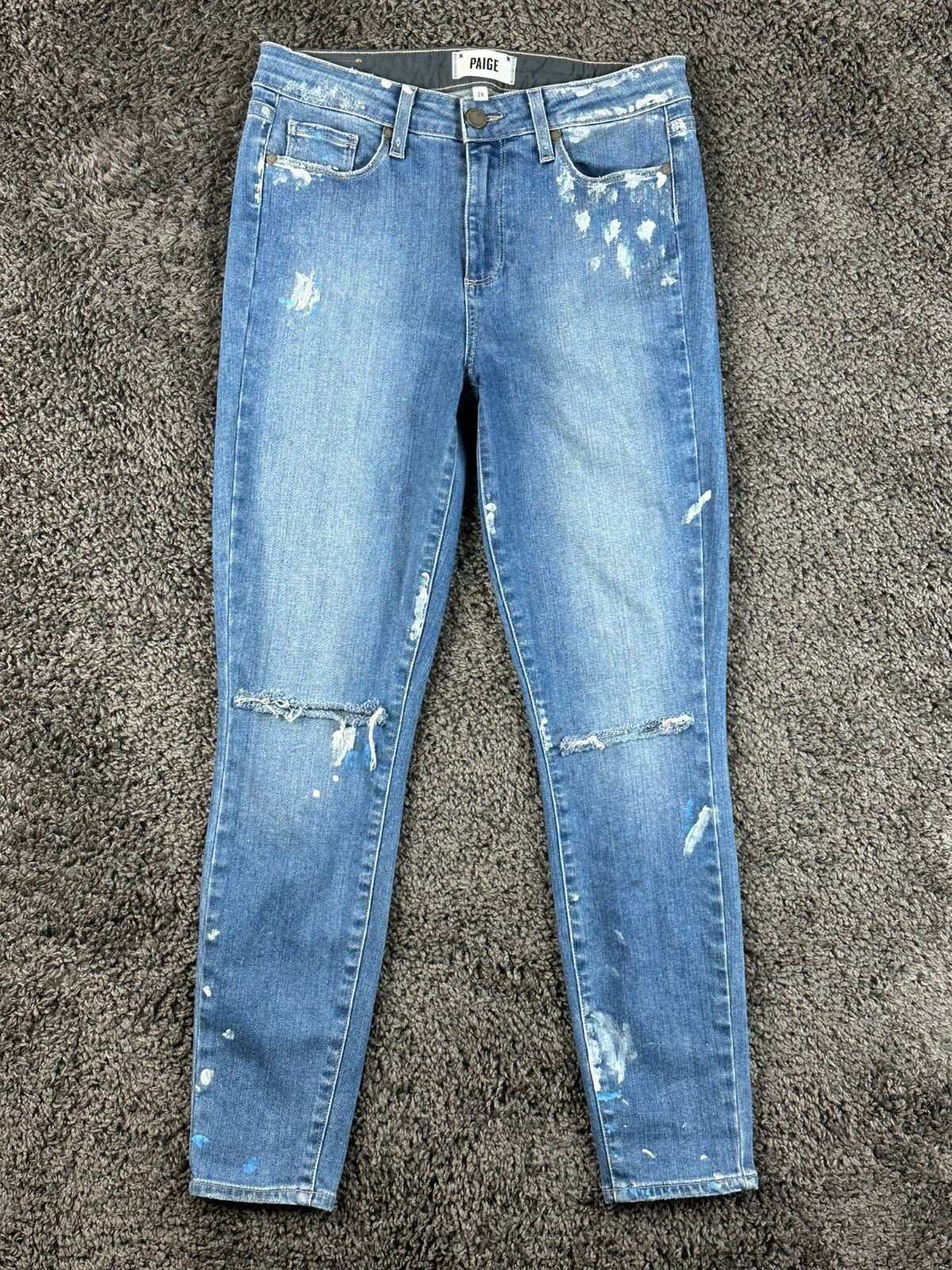 PAIGE Hoxton Ankle Jeans Womens 28 Indigo Artisan Paint Splatter Rare USA