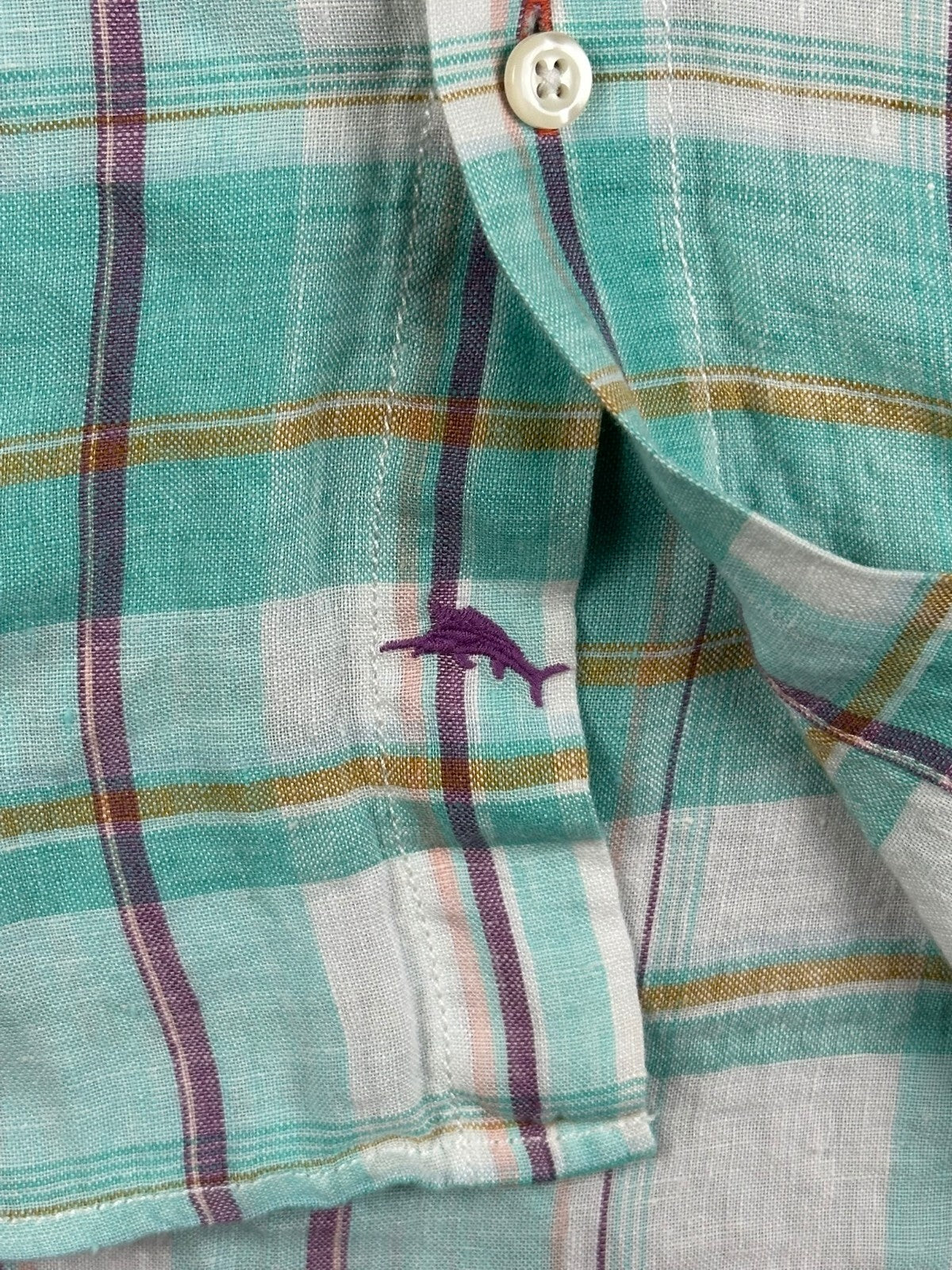 Tommy Bahama Mens S 100% Linen Short Sleeve Button Up Shirt Plaid Mint Green