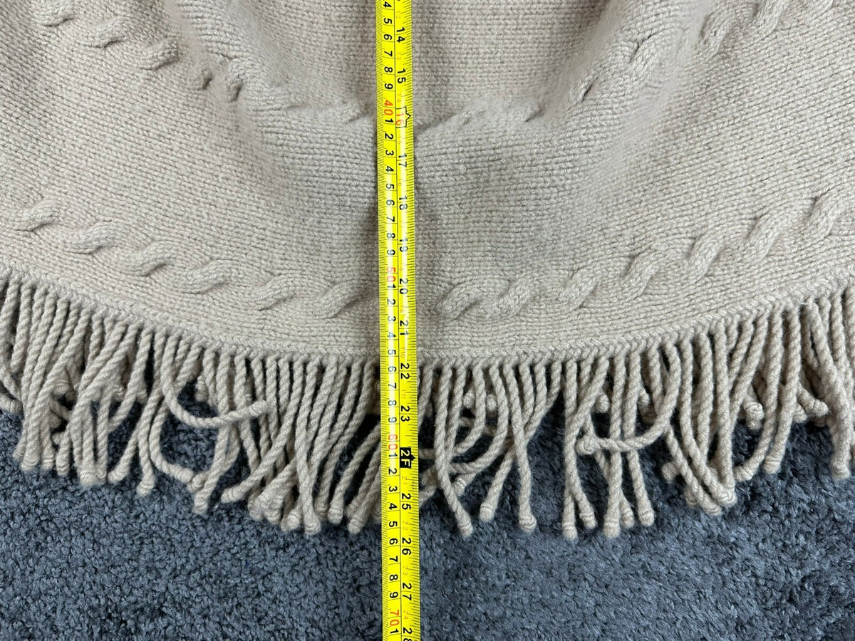 Lands End Womens Beige Cable Knit Wool Blend Fringe Poncho Cape Sweater S/M