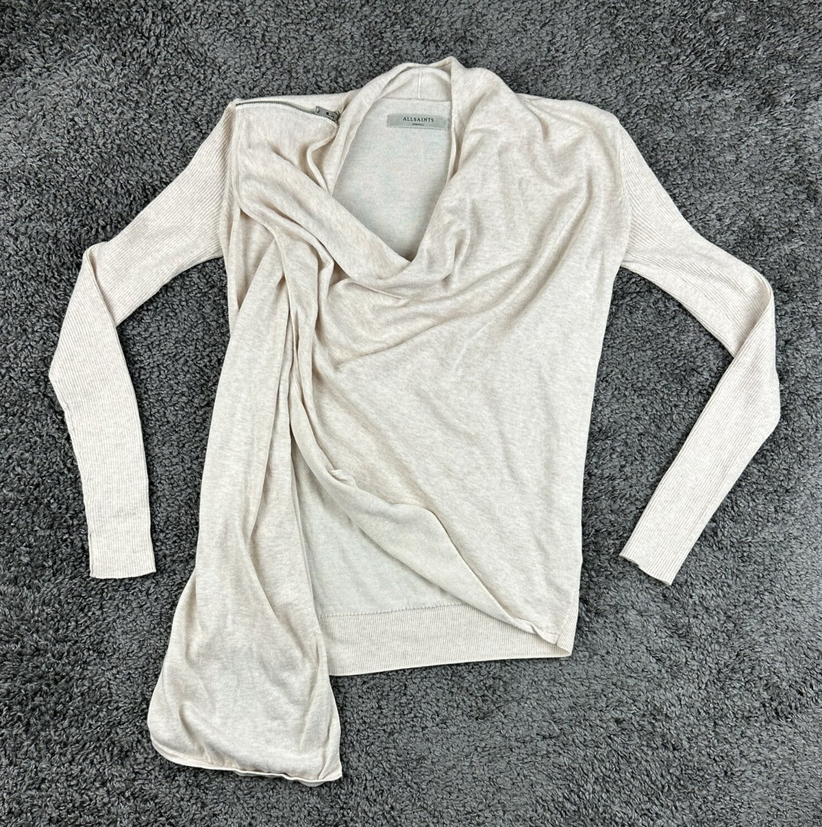 AllSaints Womens Size S Drina 100% Merino Wool Beige Asymmetric Zip Cardigan Top