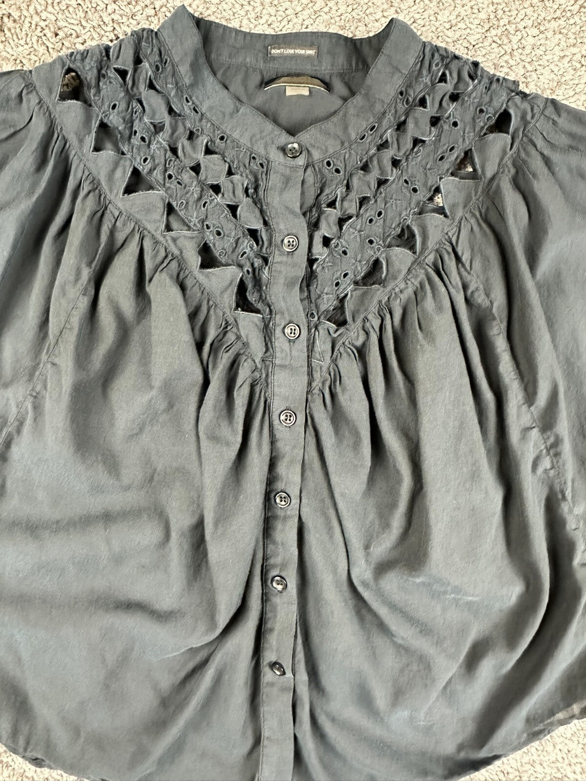 MOTHER The V Yoke Shirt Black Eyelet Cutout Yoke Balloon Sleeve Button Blouse M