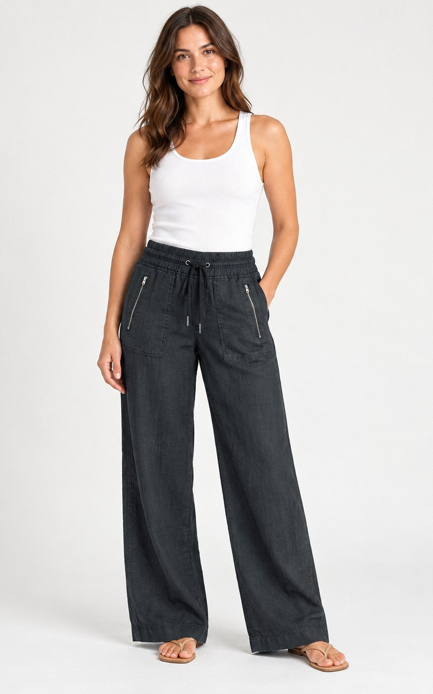 Athleta Womens 4 Black Cabo Linen Wide Leg Pants Casual Summer Beach Resort