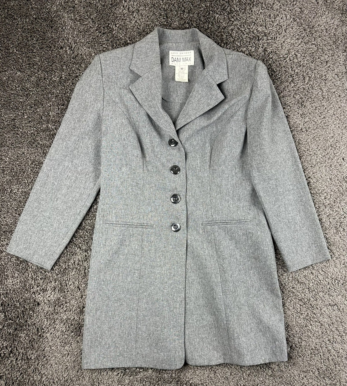Vintage Dani Max Lois Snyder Pant Suit Womens 12P Gray Long Blazer Tapered Pants