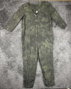 Camo Linen Jumpsuit Womens Size Medium Olive Green V-Neck Pockets Romper